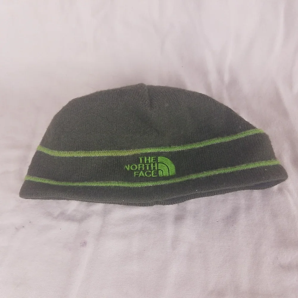 The North Face Kids Beanie Hat Dark Green Lime Green Striped Fleece Lined Knit